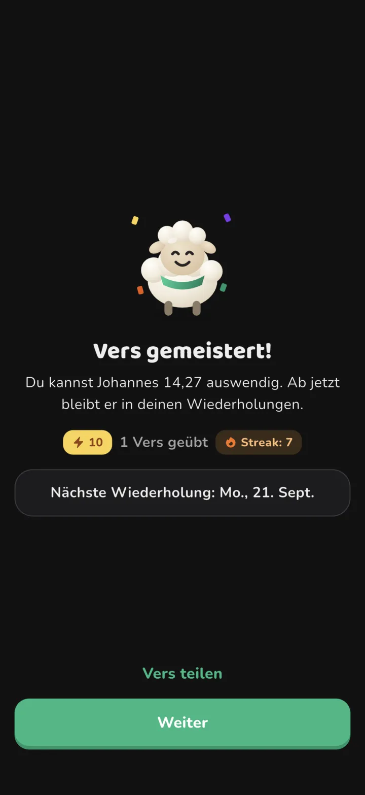 Versmemo-Bildschirm „Vers gemeistert!“ mit jubelndem Wolli und Streak 7