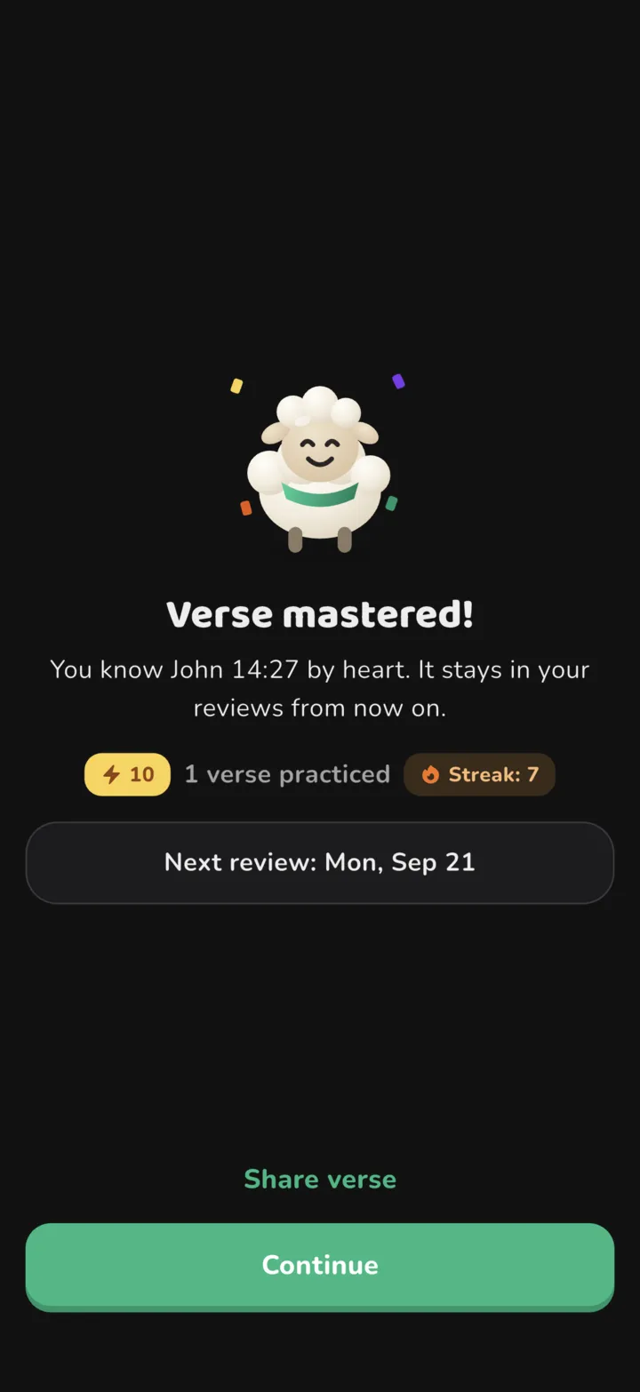 Versmemo screen “Verse mastered!” with a cheering Wolli and a 7-day streak